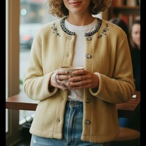 Vtg Free People Cream Teddy Bear Fleece Cardigan